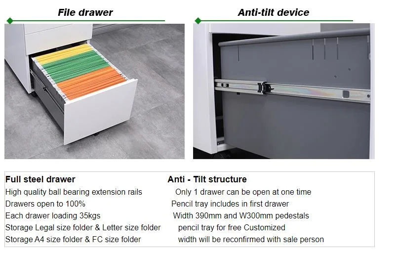 Office Furniture A4 File Steel Cabinet 3 Drawers Mobile Pedestal