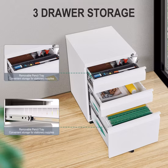 Armadietto mobile per documenti A4 per attrezzature da ufficio Piedistallo mobile per stoccaggio in acciaio a 3 cassetti